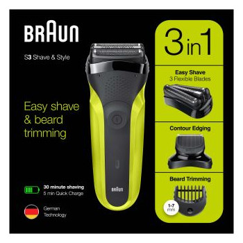 Braun 3en1 Noir Vert – 300 Bt - S3 Rasage et coiffure