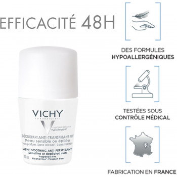 Vichy Déodorant Anti-Transpirant 48H Peaux Sensibles ou Epilées Roll-On 50 ml