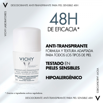 Vichy Déodorant Anti-Transpirant 48H Peaux Sensibles ou Epilées Roll-On 50 ml