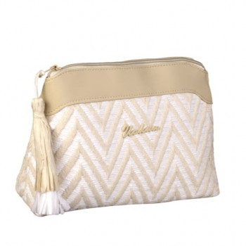Trousse de toilette moyenne Uahuu beige et blanche avec poignée